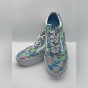 VANS Size W10 / M81/2 Floral Blue Checkerboard Old Skool Stacked Platforms